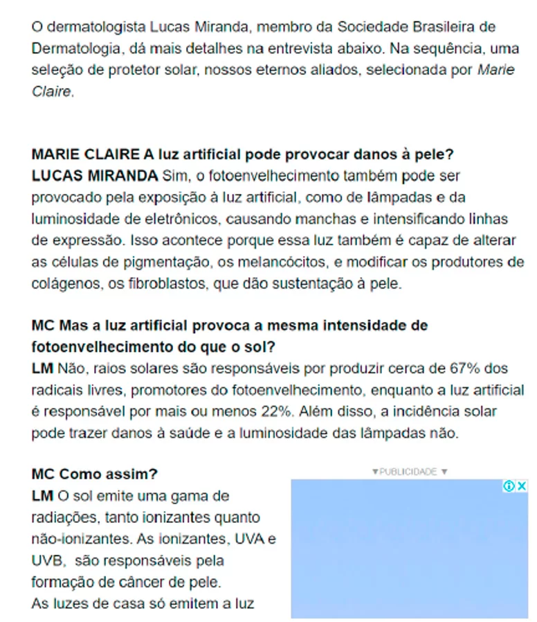 Trecho editorial sobre luz artificial e pele